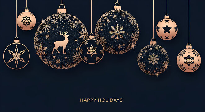 Elegant rose gold Christmas ornaments with glittery reindeer and snowflakes hanging on a dark blue background