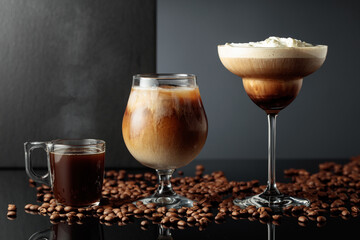 Black coffee and iced coffee cocktails on a black reflective background.