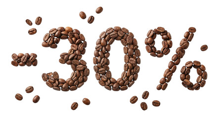 -25% discount text made of coffee beans on white background top view