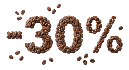 -25% discount text made of coffee beans on white background top view