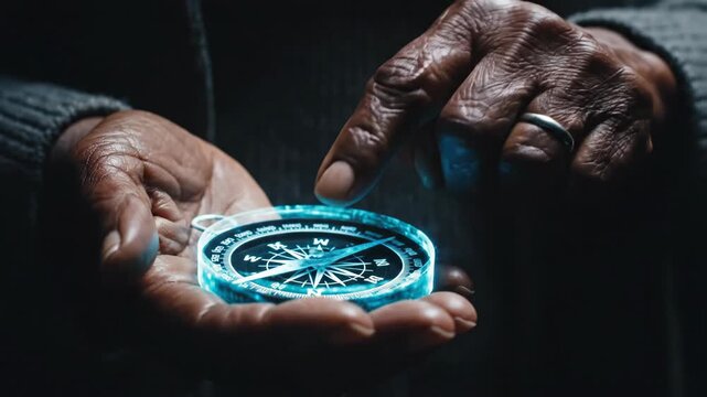 Womans hands holding blue compass that glows with magic. Mystical activation sequence showing light emerging from navigation tool. Fantasy discovery of direction and guidance concept.