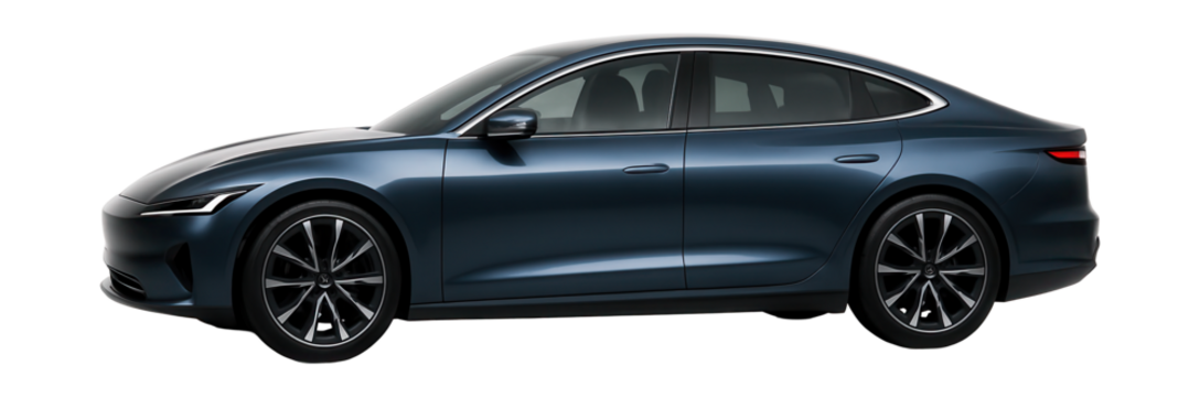 Electric sedan featuring digital side mirrors and a sleek, flush tailgate.
