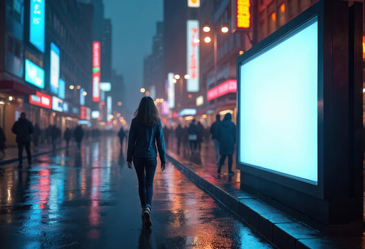 Woman walks on wet city street at night. Neon lights reflect on dark pavement, creating colorful urban glow. Large blank digital billboard stands prominently by road. Many people stroll in busy