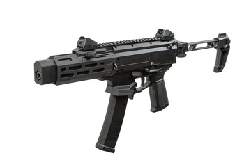 A modern black tactical submachine gun or pistol caliber carbine is isolated on a white back