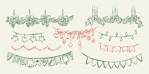 Vintage Christmas garlands and decorations hand-drawn set. Whimsical Holiday festive decor for greeting cards, party invitations. Vector doodles with pine branches, bows, candles, flags, and lights.