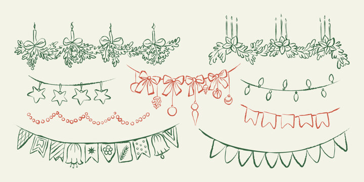 Vintage Christmas garlands and decorations hand-drawn set. Whimsical Holiday festive decor for greeting cards, party invitations. Vector doodles with pine branches, bows, candles, flags, and lights.