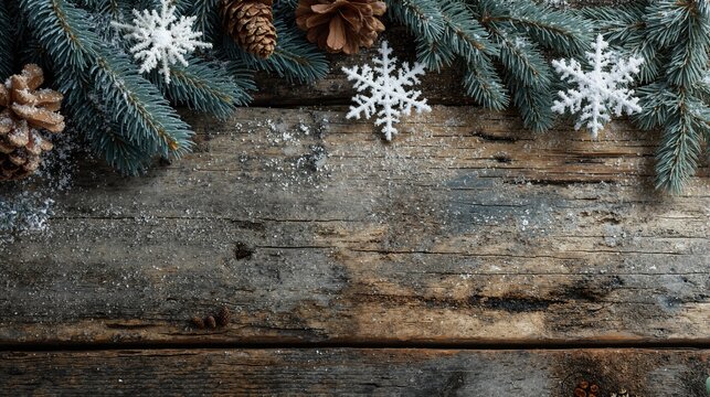 Rustic background with snowflakes, weathered wood, pine cones, and evergreen branches for winter decor - Powered by Adobe