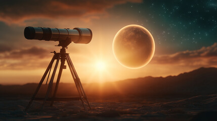 Telescope on tripod observing sunset and moon during Newton Day  