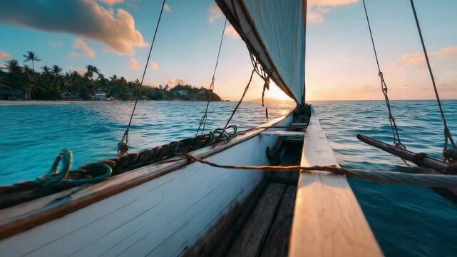 Sailing into the sunset on a traditional outrigger canoe in tropical waters