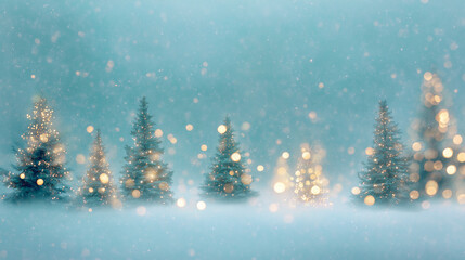 Snow-covered evergreen trees illuminated with lights in winter  