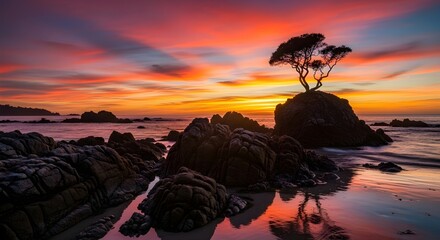 Sunset at Rocky Beach with Silhouette Tree on Rock