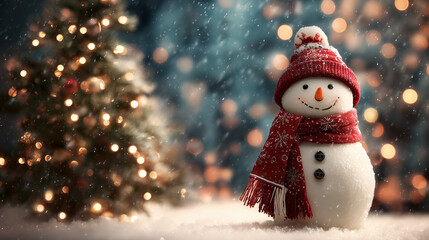 Obraz premium Snowman wearing a red scarf and hat near decorated Christmas tree 