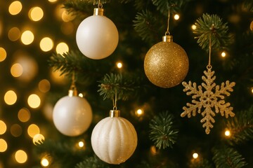Festive ornaments adorn Christmas tree.