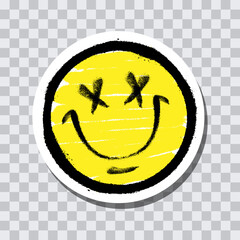 Graffiti emoticon. Smiling face painted spray paint on transparent background sticker. Vector illustration
