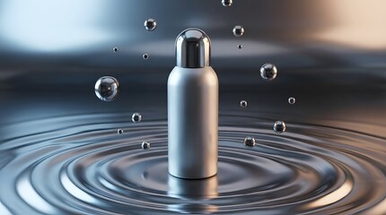 Deodorant Bottle on Liquid Chrome Waves with Metallic Droplets