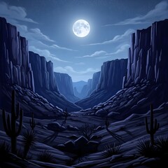 Desert Canyon Landscape at Night with Full Moon and Cacti