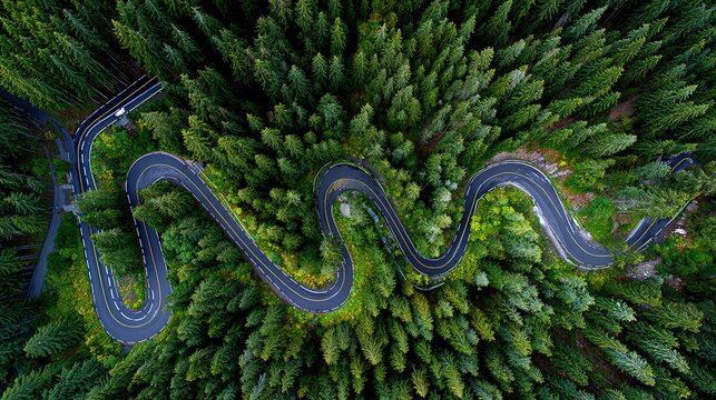 Serpentine road winding through dense green coniferous forest, aerial drone view landscape