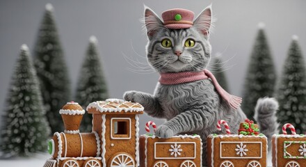 Cat sitting on gingerbread train with Christmas trees in background — ideal for holiday, festive and cozy home content.