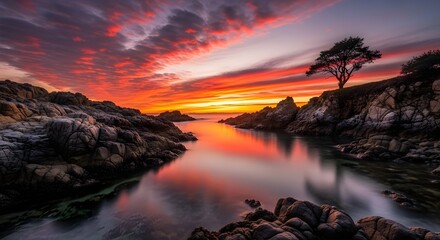 Beautiful sunset over still water with rocks and lone tree in California