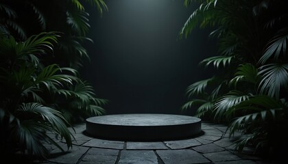 Dark jungle scene with a circular platform. Tropical plants surround a stage. The atmosphere is mysterious with a spotlight. Ideal for product presentation in a natural setting.