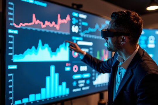 Using AR Technology to Display 3D Interactive Financial Data Visualizations in a Modern Business Dashboard Presentation.