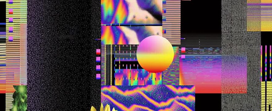 The artwork showcases vibrant glitch aesthetics and distorted digital patterns.