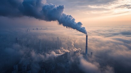 Fototapeta premium Industrial chimney emitting thick pollutants over a dense metropolitan city covered in smog haze.