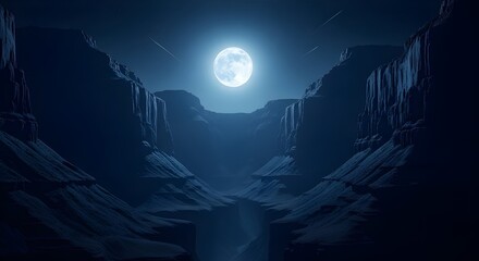 Full moon over deep canyon with shooting stars creating mystical landscape