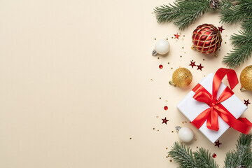 Christmas present, balls and fir tree branches.