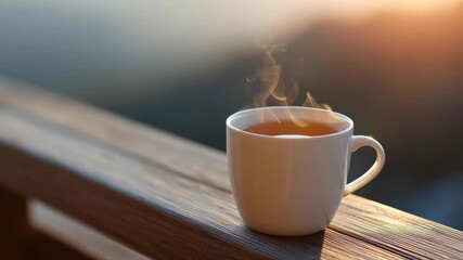 A white coffee cup with steam rising from it sits on a wooden railing. Concept of relaxation and tranquility, as the cup of tea is a common beverage associated with calming moments