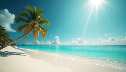 White sand tropical beach with calm turquoise ocean water. Leaning palm tree shades bright sun, clear blue sky with fluffy clouds. Distant overwater bungalows suggest exotic island vacation paradise