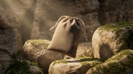 Product Pouch on Stone Forms with Warm Side Light and Rising Mist