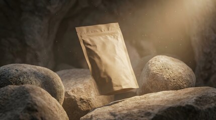 Product Pouch Floating Among Oversized Matte Stones with Directional Light