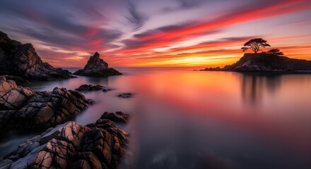 Beautiful scenery of rocky coast and peaceful sea at sunset