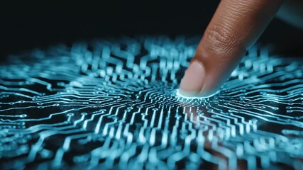 African American hand approaching and touching glowing blue digital circuit interface. Futuristic holographic technology activation sequence for cyber innovation and data interaction. - Powered by Adobe