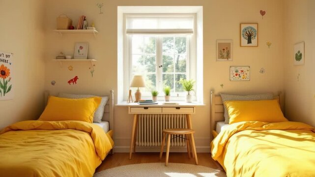 Cozy twin bedroom with yellow bedding and nature-themed decor, sunlit interior
