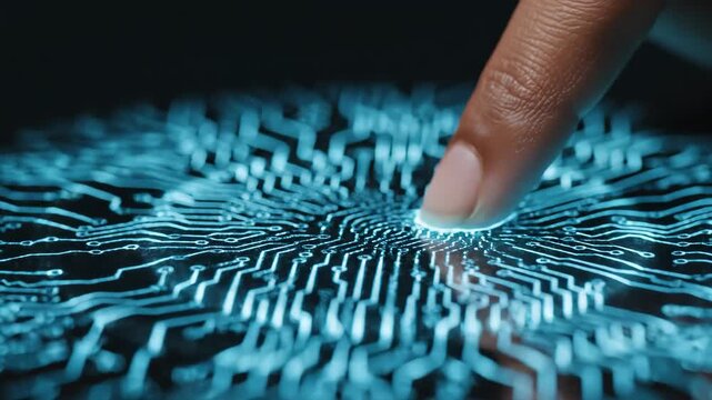 African American hand approaching and touching glowing blue digital circuit interface. Futuristic holographic technology activation sequence for cyber innovation and data interaction. - Powered by Adobe