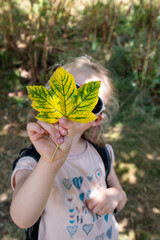 Jeune fille montrant une feuille d'arbre devant son visage