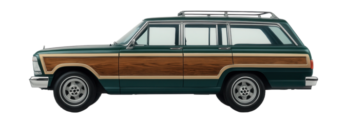 Wood-paneled station wagon featuring a roof rack.