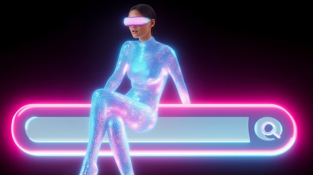 Sleek futuristic woman in holographic outfit with VR glasses seated on giant 3D search bar