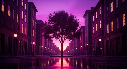 Purple sunset illuminates empty city street with tree silhouette