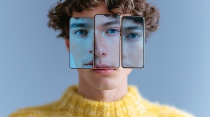 Young man with curly hair wearing a yellow sweater, holding multiple smartphones in front of his face, representing fragmented digital identity and modern technology