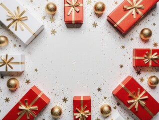 Red and white gift boxes with gold ribbons and golden Christmas balls arranged in a circular layout on white background. Flat lay composition with copy space. Christmas and New Year celebration