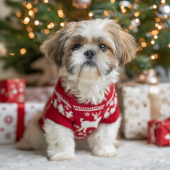 Shih Tzu's First Christmas: Adorable Puppy in Holiday Sweater