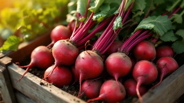 Freshly harvested beetroots in wooden crate amidst sunlit garden foliage