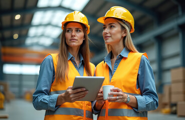Two women wear yellow safety vests and helmets inside a warehouse. One holds a tablet, another holds coffee cups indicating their role as supervisors or engineers observing the worksite.