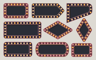 A collection of vintage style signs with light bulbs in various shapes and sizes on a light background