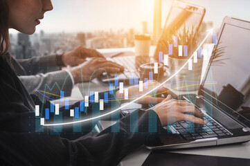 A focused woman analyzes financial data on a laptop, surrounded by modern office elements. Vibrant graphs and charts depict market trends and growth potential. Impute