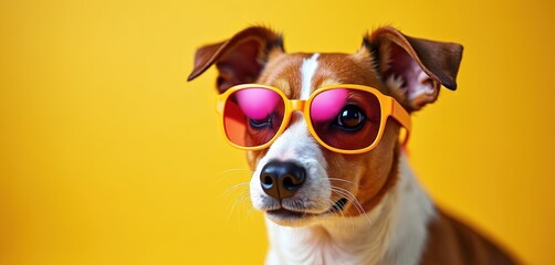 Dog wears bright orange sunglasses with pink lenses. The pet poses against a plain yellow background. Canine portrait showcases stylish accessory for animal.