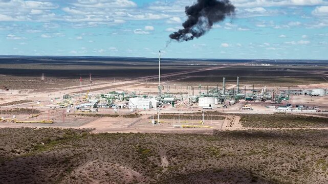 Vaca Muerta, Argentina, October 27, 2025: Aerial view of the Tratay&eacute;n Compressor Plant, a gas transporter in "Vaca Muerta".